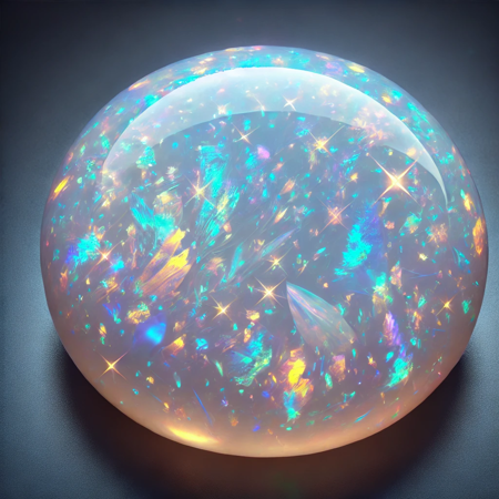 DALL·E 2024-07-23 03.35.38 - A gemstone opal with a milky white base and shimmering flashes of various colors. The image should be vibrant and visually captivating, showcasing the.webp